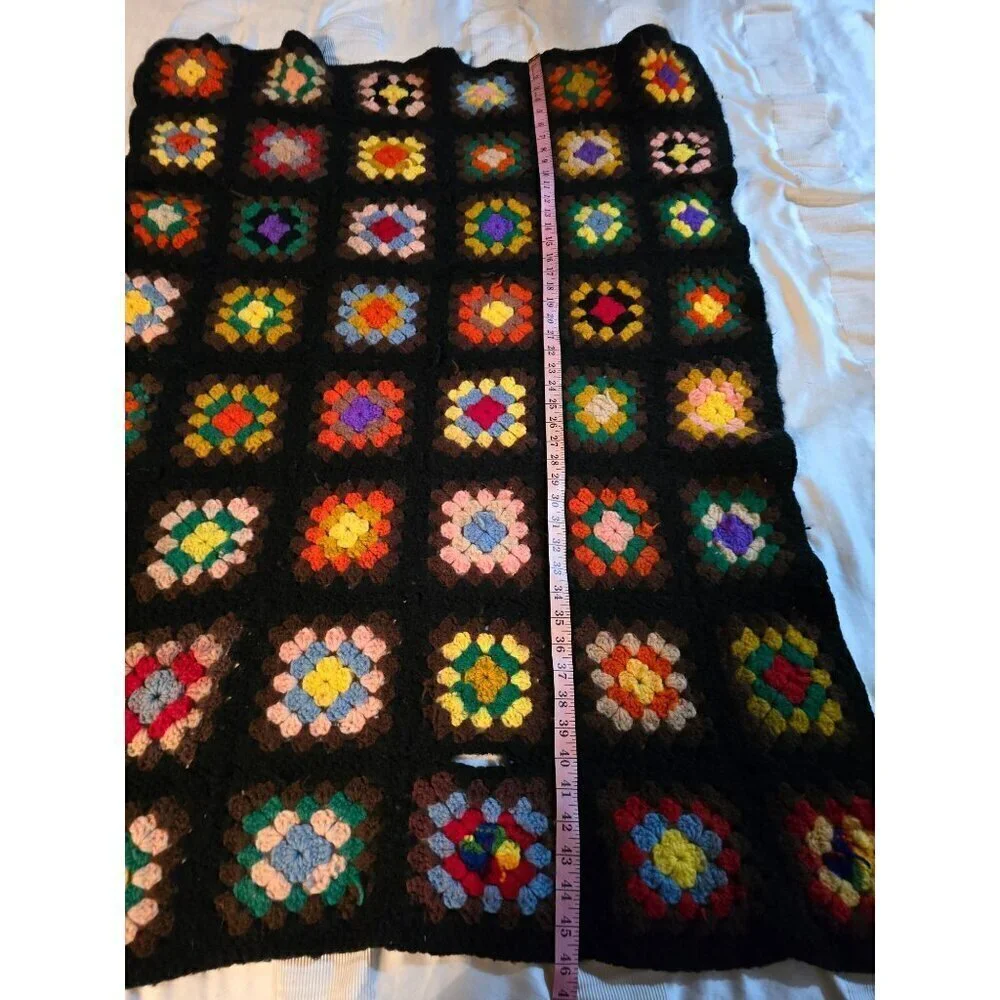 Vintage 1970s Handmade Grannysquare Colorful Hippie Throw Blanket Black